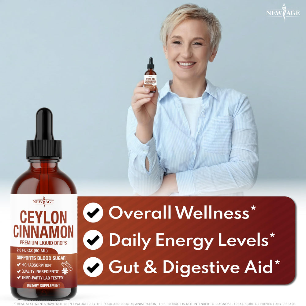 NEW AGE Ceylon Cinnamon Drops label emphasizes vegan, non-GMO formula.