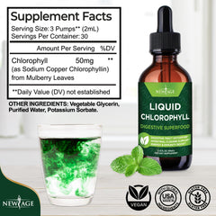 New Age Chlorophyll Drops bottle-label highlighting ingredients and USA-made quality