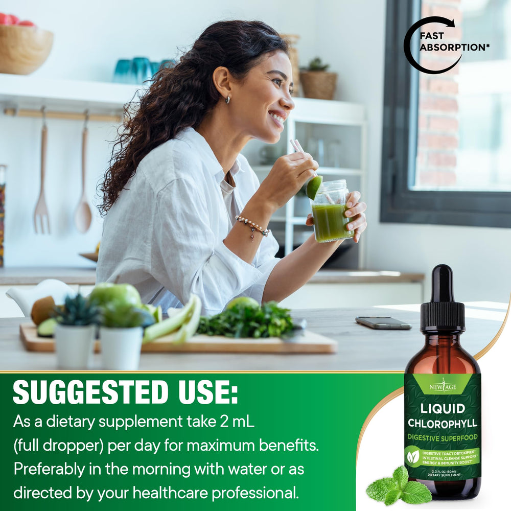 New Age Chlorophyll Drops daily-use scene with glass and dropsper