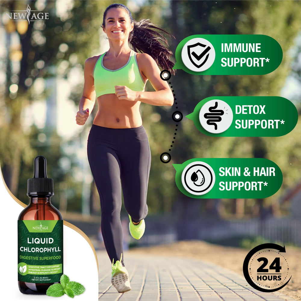 New Age Chlorophyll Drops green-juice shot shows vibrant color and flavor potential
