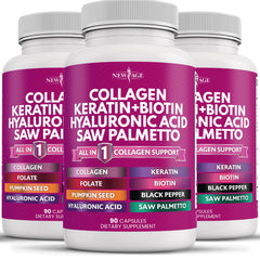 New Age Collagen Pills bottle on counter, daily beauty support in view.
