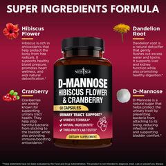 New Age D-Mannose capsules close-up emphasizing cranberry and hibiscus blend.