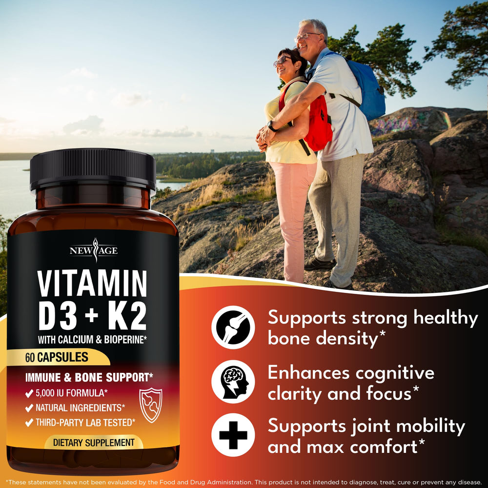 NEW AGE D3 K2 label view highlights non-GMO and vegan-friendly formulation.
