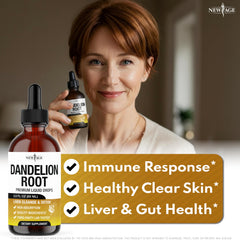 Close-up of NEW AGE Dandelion Root Extract Drops label highlighting vegan formula