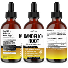 NEW AGE Dandelion Root Extract Drops packaging shows USA GMP-certified production
