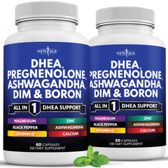 NEW AGE DHEA supplement bottle label displaying ingredients for hormonal balance.