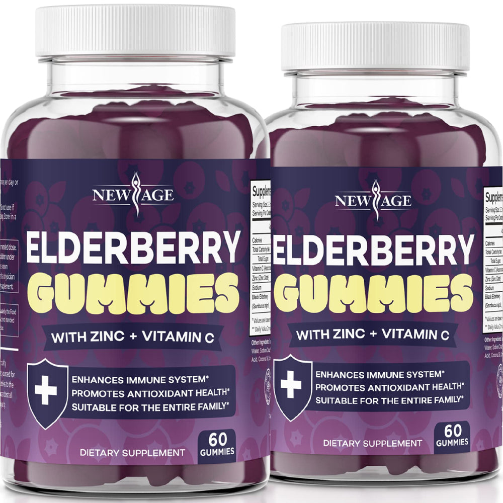 NEW AGE Elderberry Gummies bottle showing gluten-free and vegetarian formula for immunity support