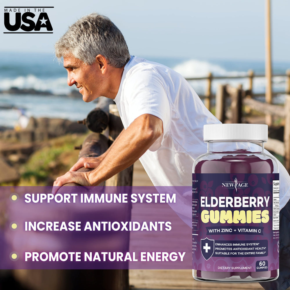 NEW AGE Elderberry Gummies family serving scene suggesting easy daily use for adults and kids