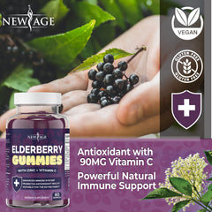 NEW AGE Elderberry Gummies packaging flatlay emphasizing two-pack and 120 gummies