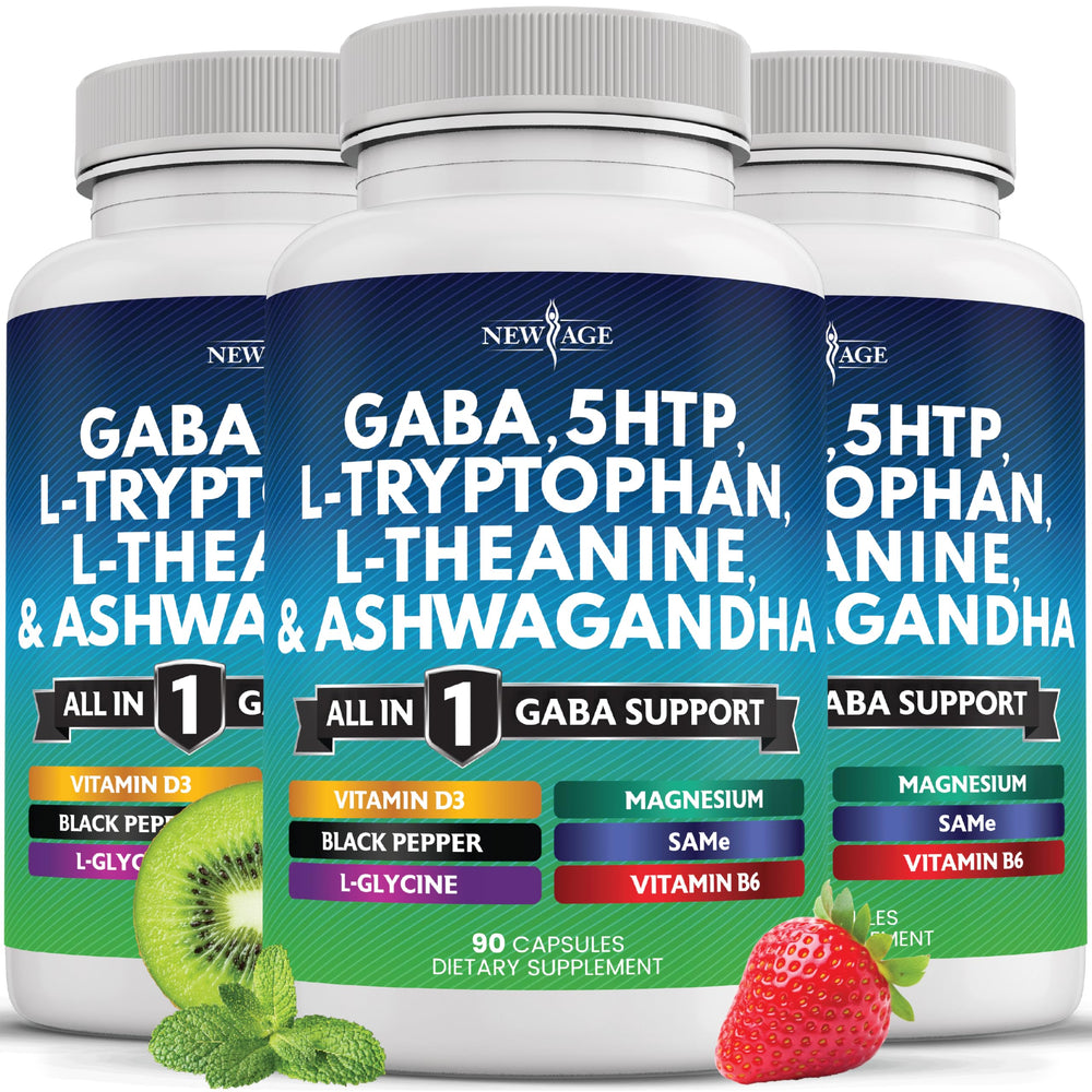 New Age GABA all-in-one powder bottle showing the complete relaxation blend for daily balance.