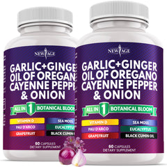 New Age garlic-ginger blend bottle closeup showing the product for daily wellness.