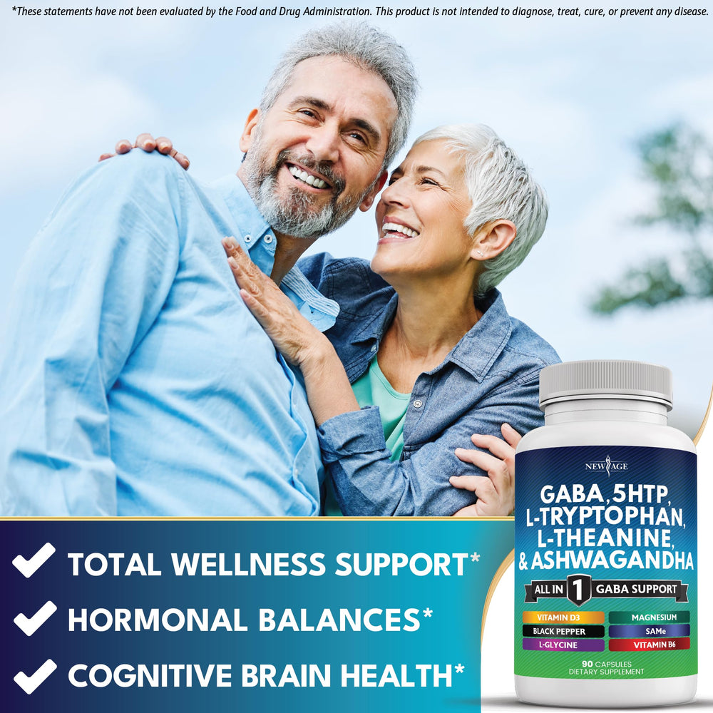 New Age L-theanine 200mg powder container emphasizing quick calm and focus.