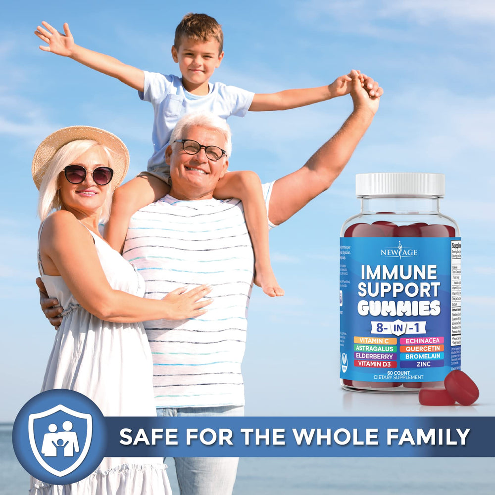 NEW AGE gummy bottle with bright label demonstrates convenient routine consumption.