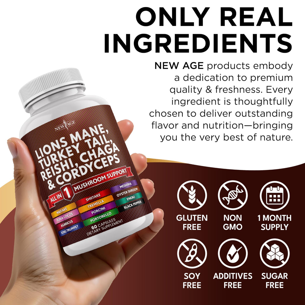 NEW AGE Lion's Mane, Turkey Tail and Cordyceps in capsules.