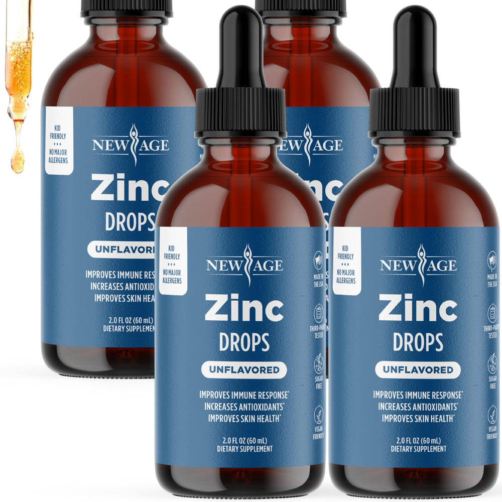 NEW AGE Liquid Zinc Drops for All Ages bottle with dropper, easy daily dosing.