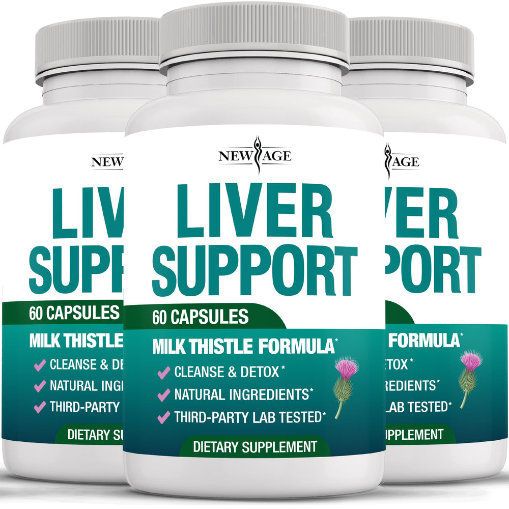 NEW AGE Liver Cleanse bottle pour showing easy daily dosing and compact packaging