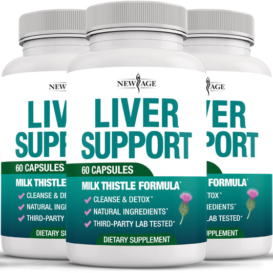 NEW AGE Liver Cleanse bottle pour showing easy daily dosing and compact packaging