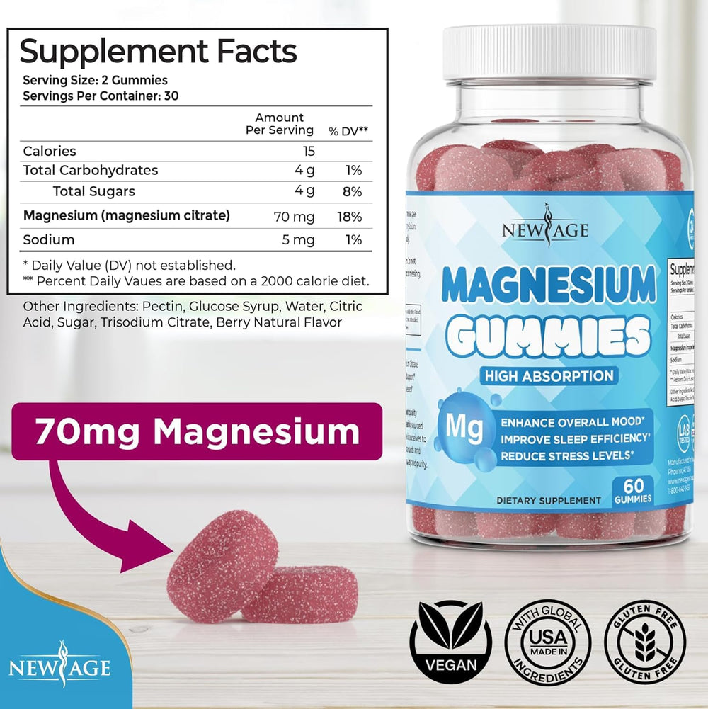 New Age Magnesium Gummies bottle back info panel with ingredients