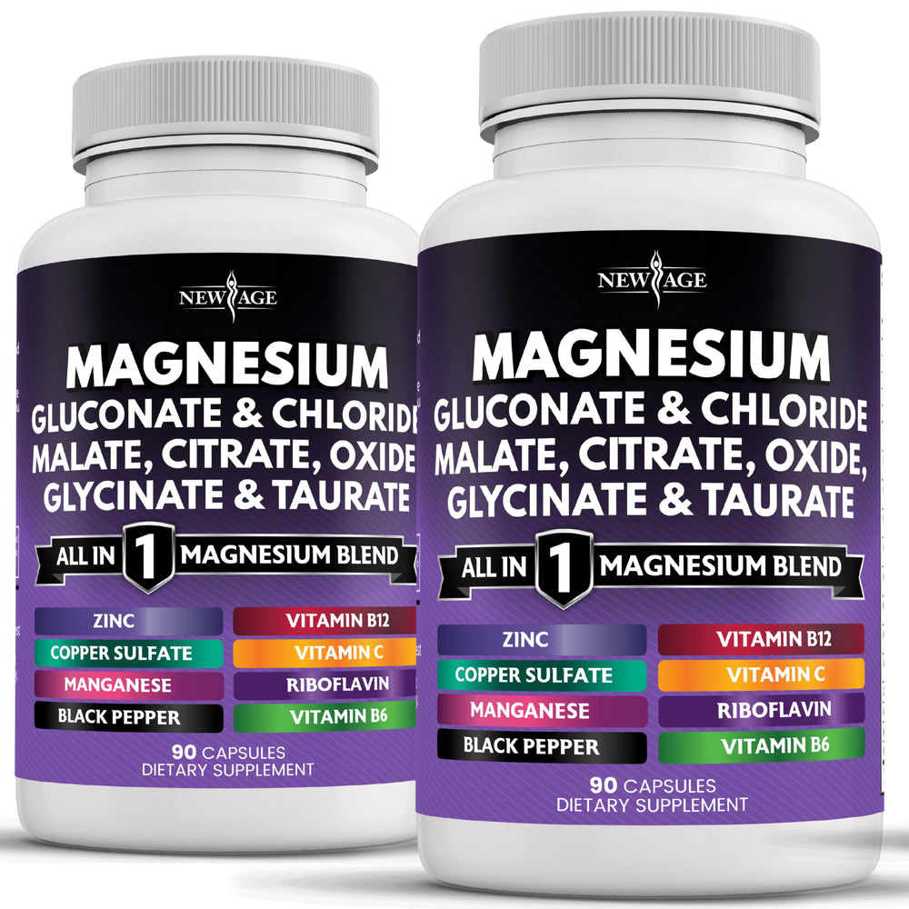 New Age magnesium supplement bottle showing a versatile daily formula for joints and energy.