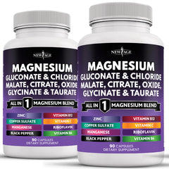 New Age magnesium supplement bottle showing a versatile daily formula for joints and energy.