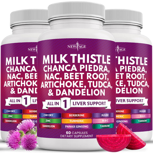 NEW AGE bottle pouring milk thistle NAC chanca piedra for daily liver wellness.