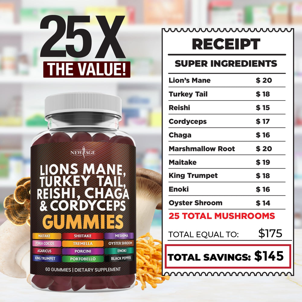 NEW AGE Cordyceps Shiitake gummies on table suggest daily energy support