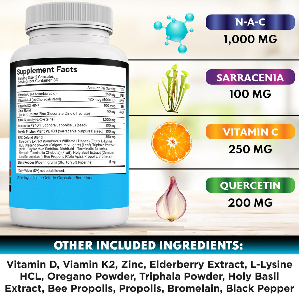 Ingredient panel on NEW AGE NAC shows NAC, D3, K2, and zinc.