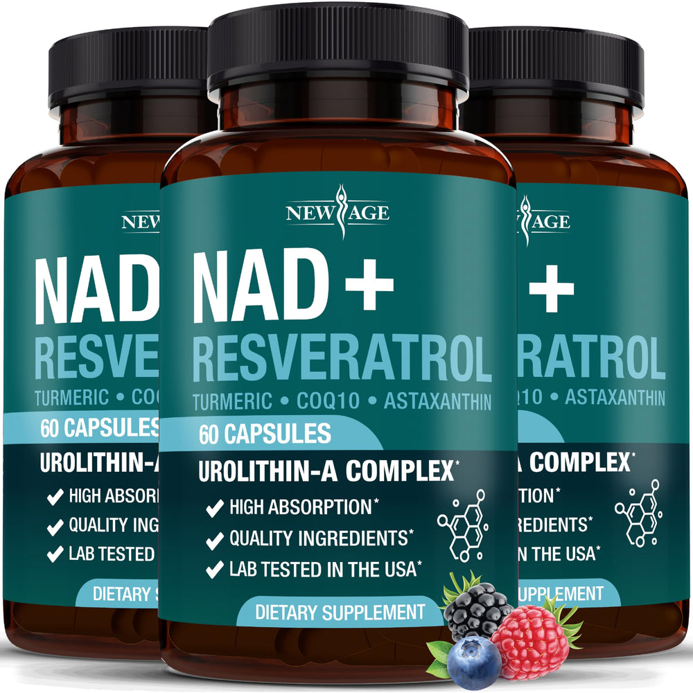 NEW AGE NAD+ Plus bottle front highlights daily energy support for vitality