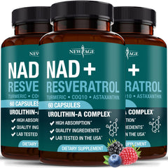 NEW AGE NAD+ Plus bottle front highlights daily energy support for vitality