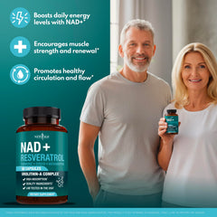 NEW AGE NAD+ Plus bottle side shows easy-to-swallow capsules and clean formula