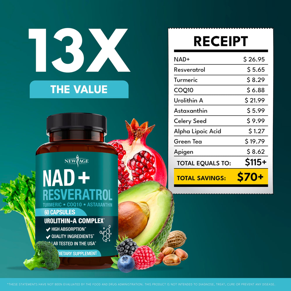 NEW AGE NAD+ Plus label closeup emphasizes antioxidant ingredients and vegan, non-GMO formulation