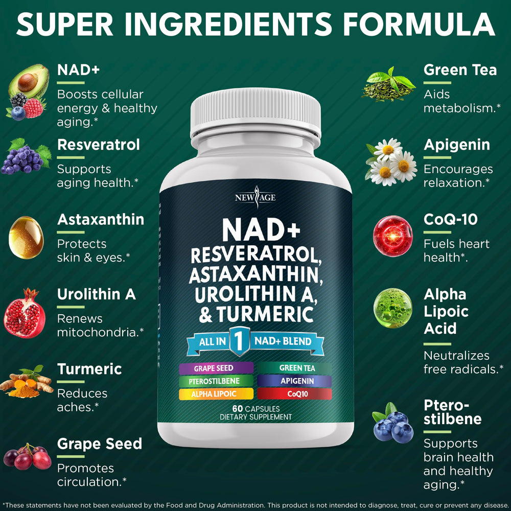 NEW AGE NAD+ supplement bottle back with label details and production info.