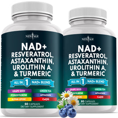 NEW AGE NAD+ supplement bottle front showing vegan, non-GMO formula.