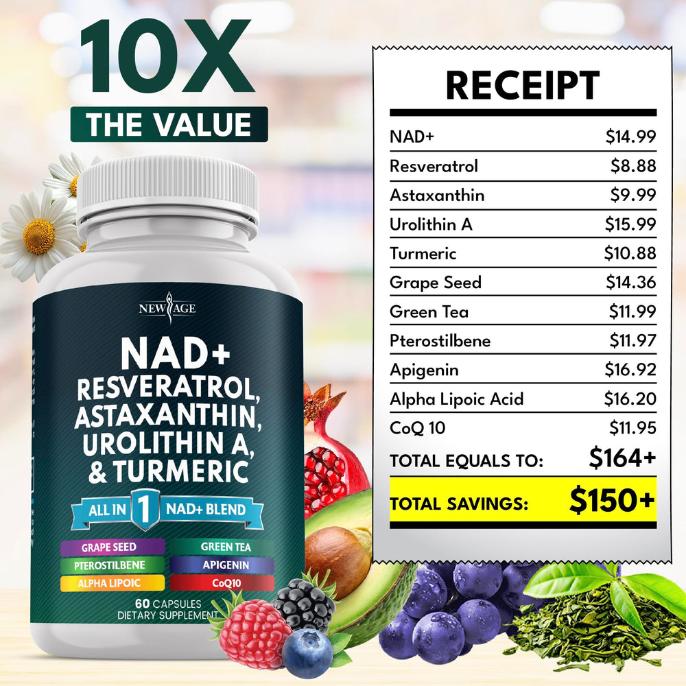 NEW AGE NAD+ urolithin-a capsule showcases polyphenols for cellular support.