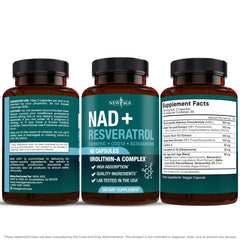 Vegan, non-GMO NEW AGE NAD+ packaging highlights clean ingredients.