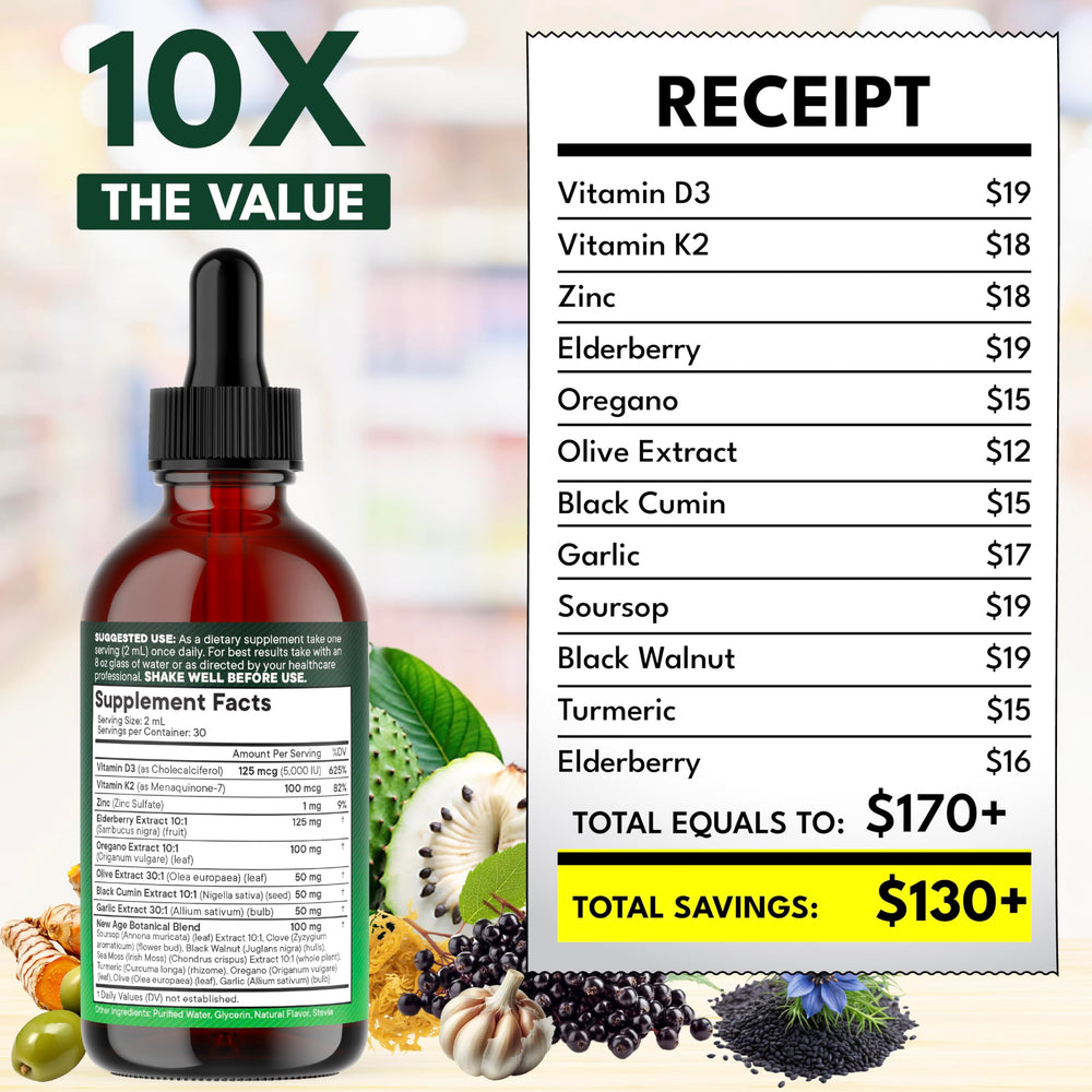 NEW AGE Oil of Oregano Drops label shows D3, K2 and zinc benefits.
