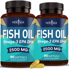 New Age Omega 3 fish oil softgels in bottle for easy daily intake