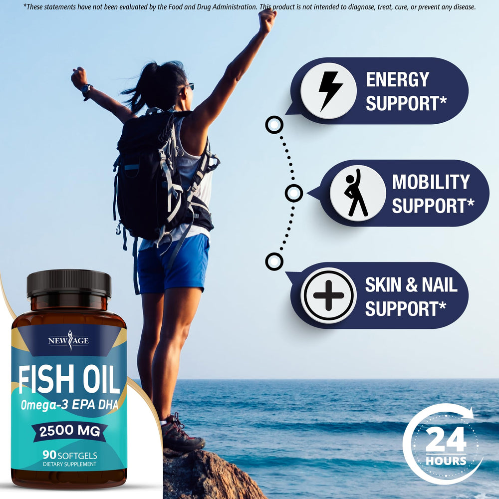 NEW AGE Omega 3 pour shot demonstrating convenient daily dose.