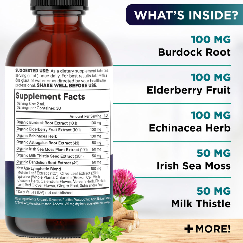 New Age Lymphatic Drainage Drops with elderberry and herbs for balanced daily wellness