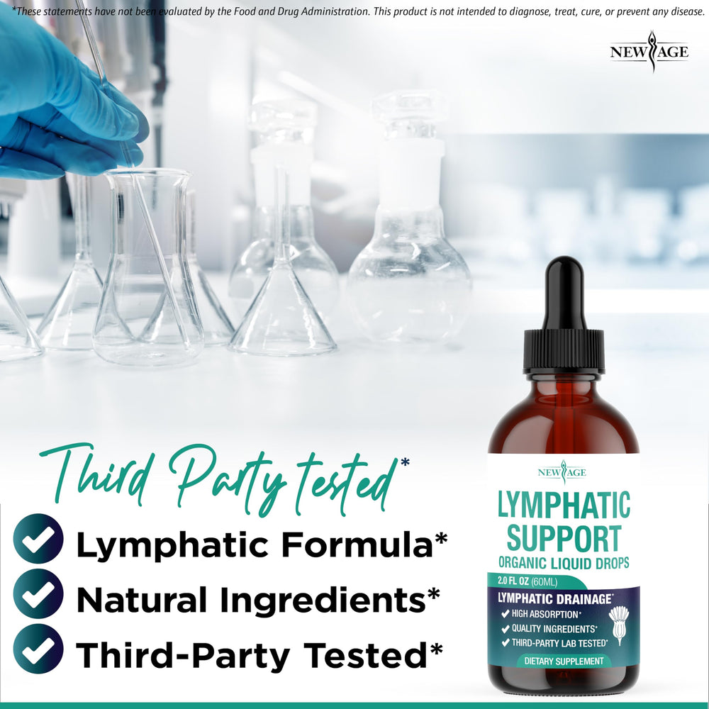 New Age Organic Lymphatic Drainage Drops jar closeup emphasizes rich herbal blend