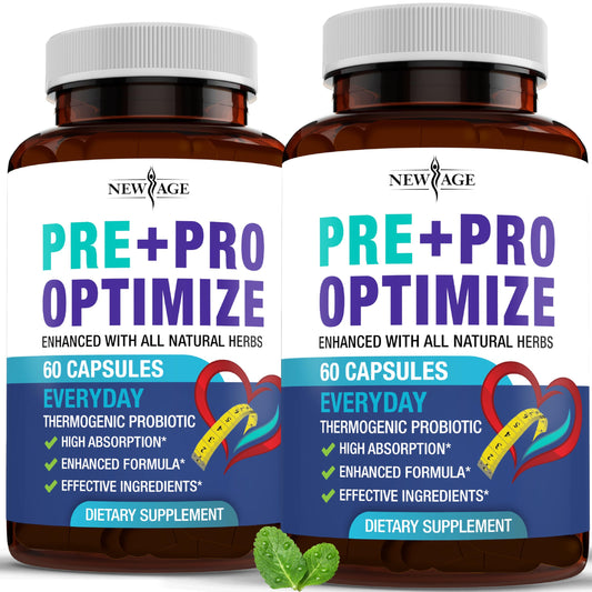 NEW AGE Pro Optimize bottle label shows the probiotic blend for gut and menopause support.