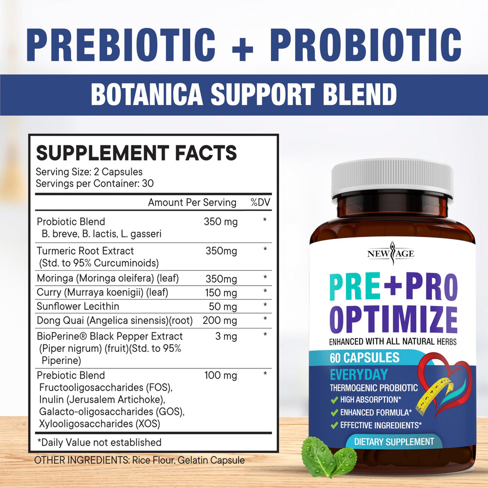 NEW AGE Pro Optimize prebiotics and probiotics blend highlighted for gut health.