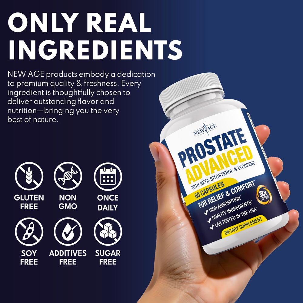 NEW AGE Prostate bottle beside a clock suggesting potential sleep support