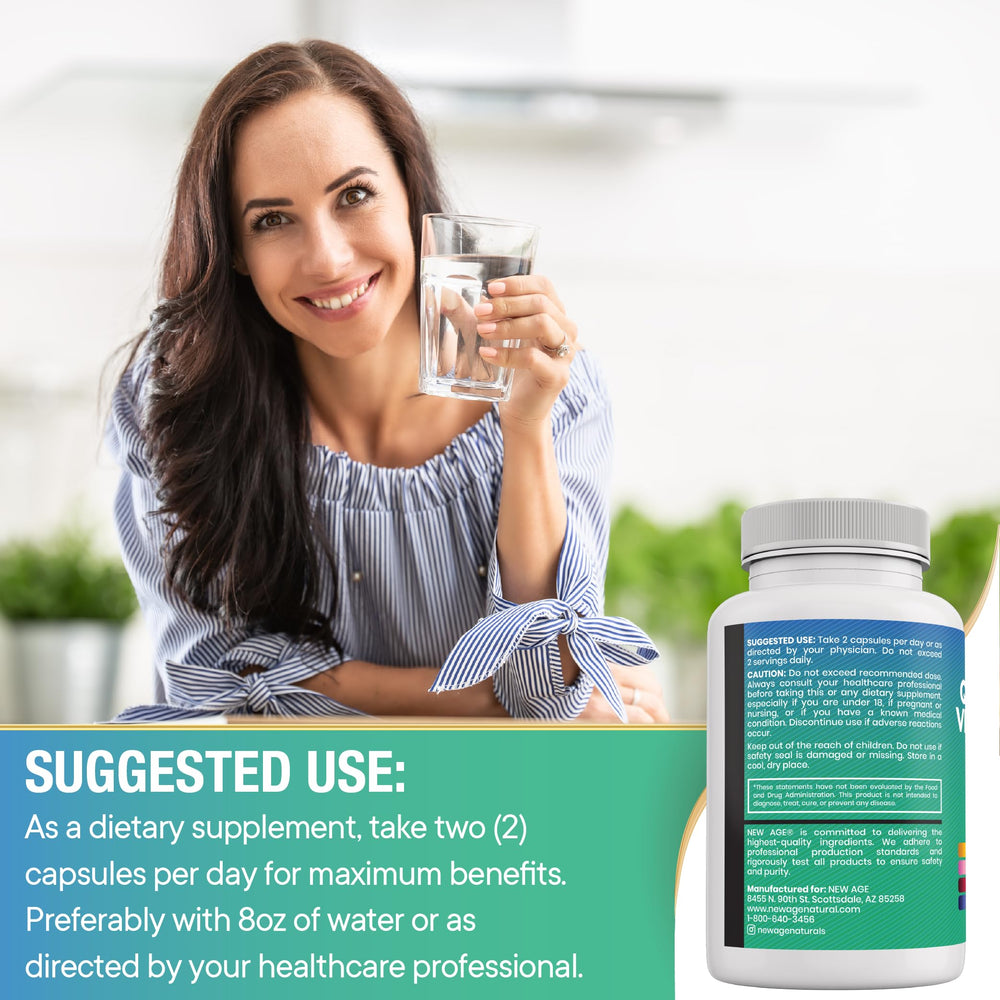 NEW AGE packaging close-up, premium dosage and ingredients list