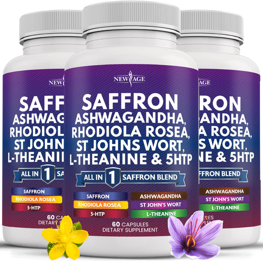 New Age saffron supplement bottle front for daily stress support.