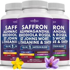 New Age saffron supplement bottle front for daily stress support.