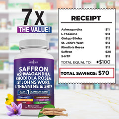 NEW AGE saffron bottle with glass water highlights easy daily intake.