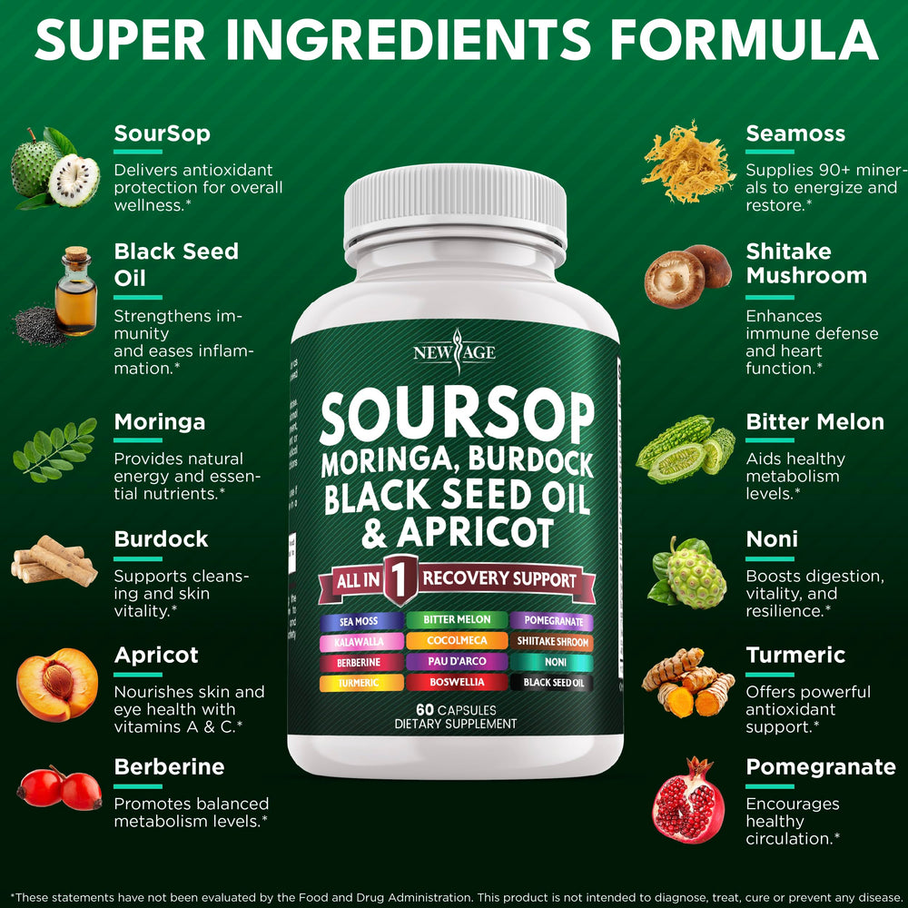 NEW AGE Soursop capsules close-up, convenient daily supplement