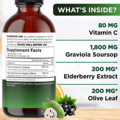 New Age Soursop Drops elderberry blend close up highlighting immune friendly formula.