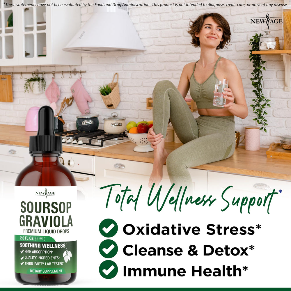 New Age Soursop Drops graviola leaf and fruit detail emphasizes natural ingredients.